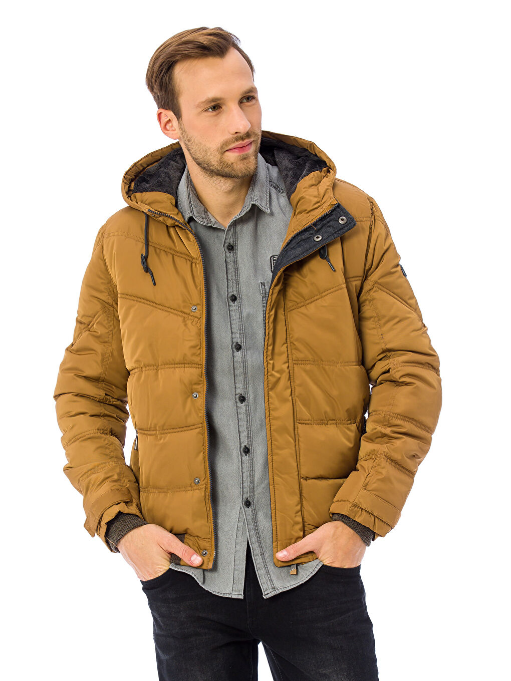 Kahverengi Kapüşonlu Kalın Şişme Mont