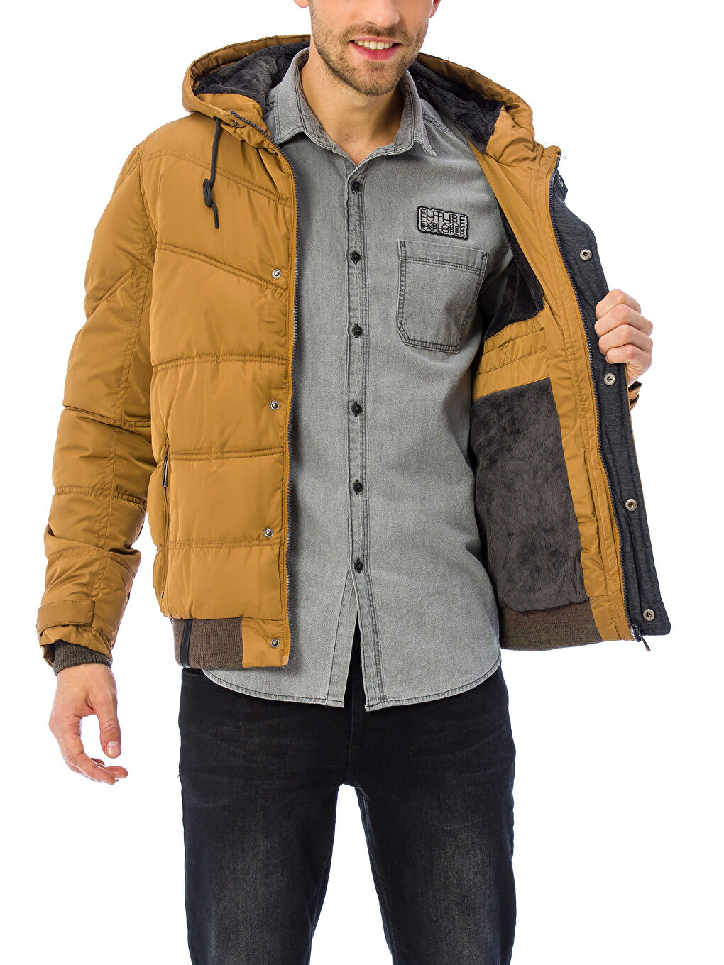 Kahverengi Kapüşonlu Kalın Şişme Mont-1