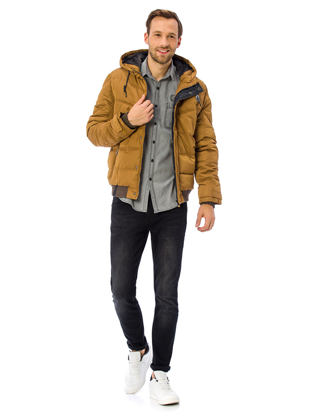 Kahverengi Kapüşonlu Kalın Şişme Mont-3