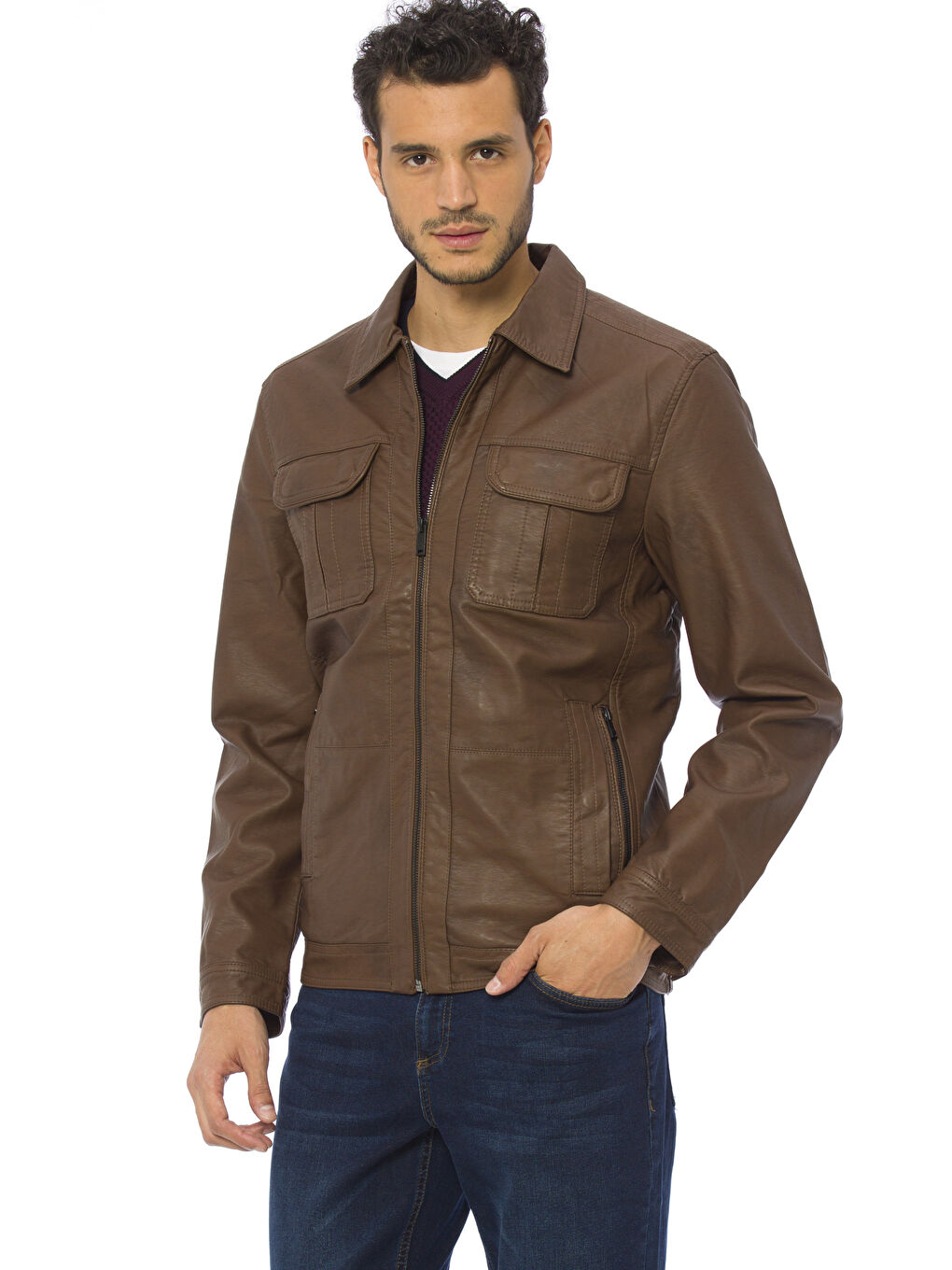 Kahverengi Deri Görünümlü Mont