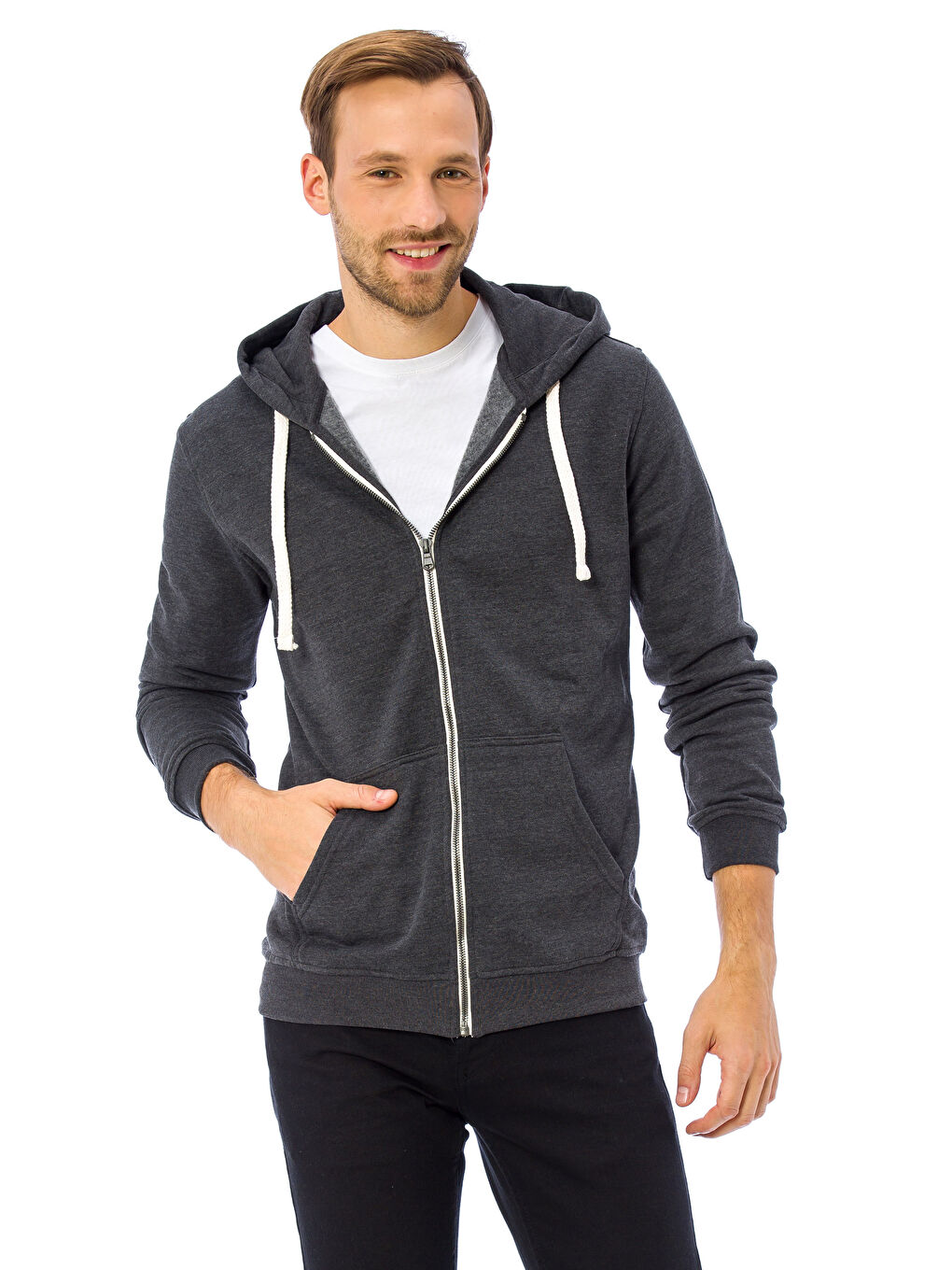 Antrasit Kapüşonlu Erkek Fermuarlı Sweatshirt
