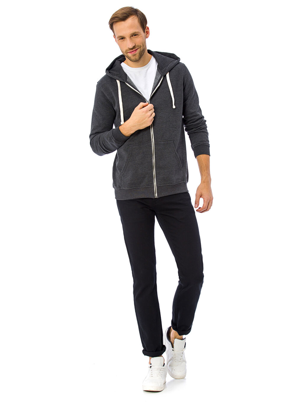 Antrasit Kapüşonlu Erkek Fermuarlı Sweatshirt-2