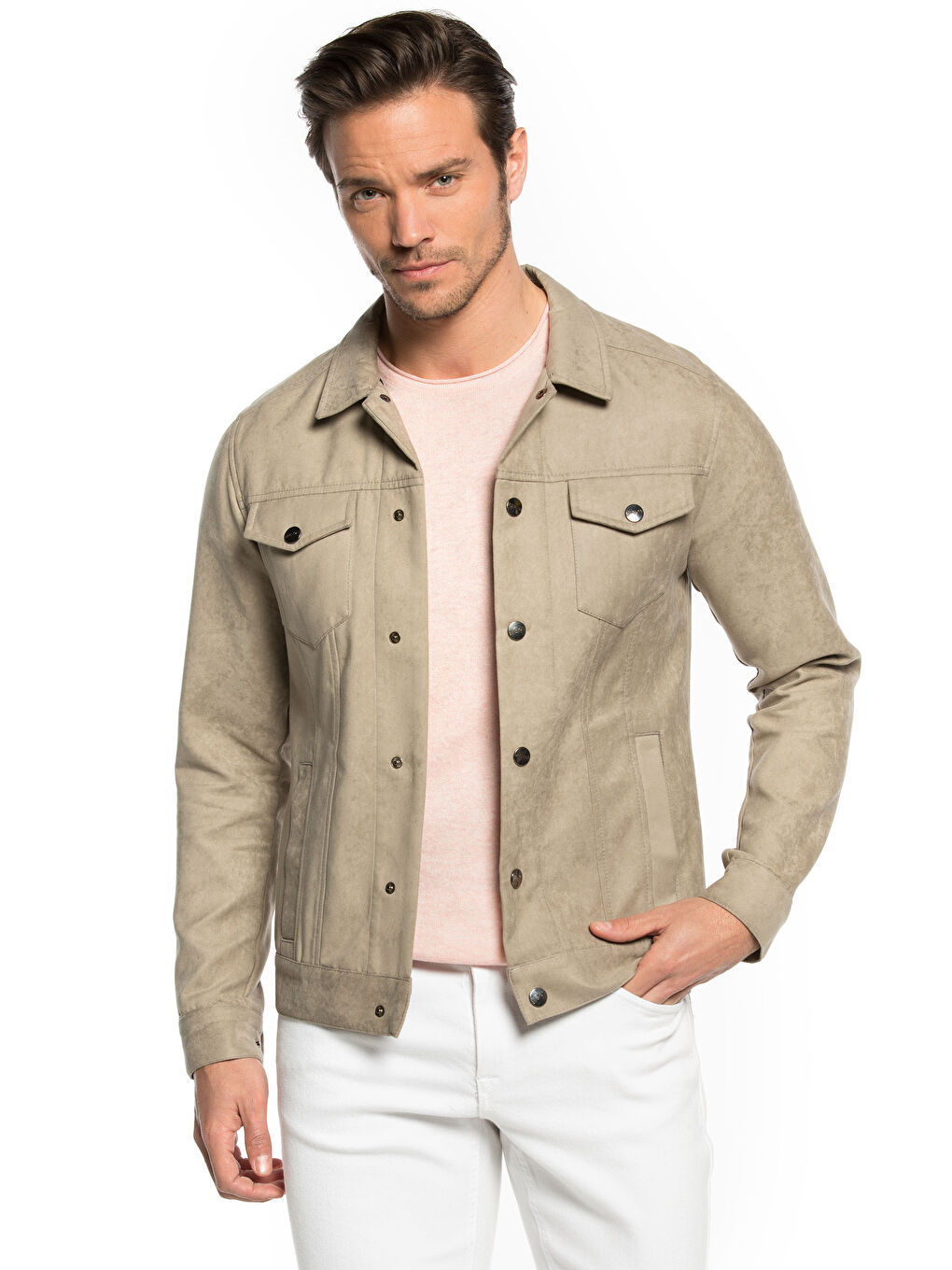 Bej Deri Görünümlü Mont