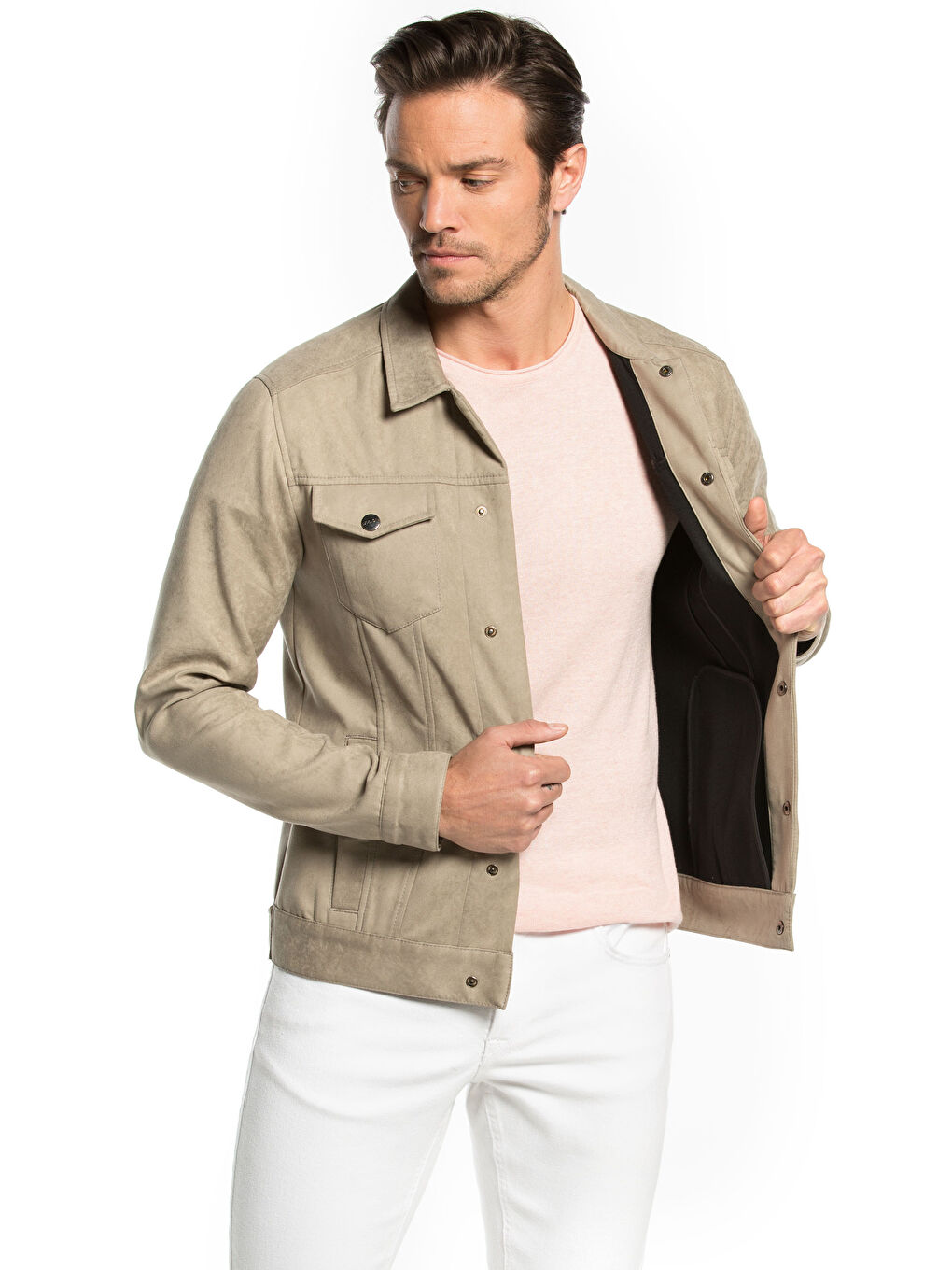 Bej Deri Görünümlü Mont-1