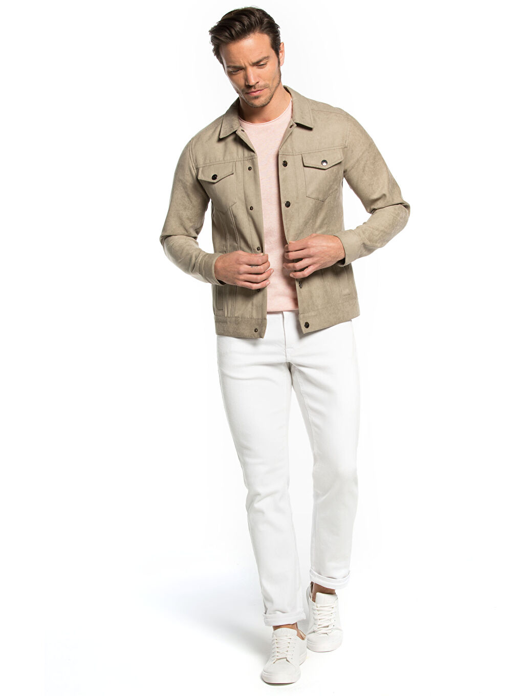 Bej Deri Görünümlü Mont-3