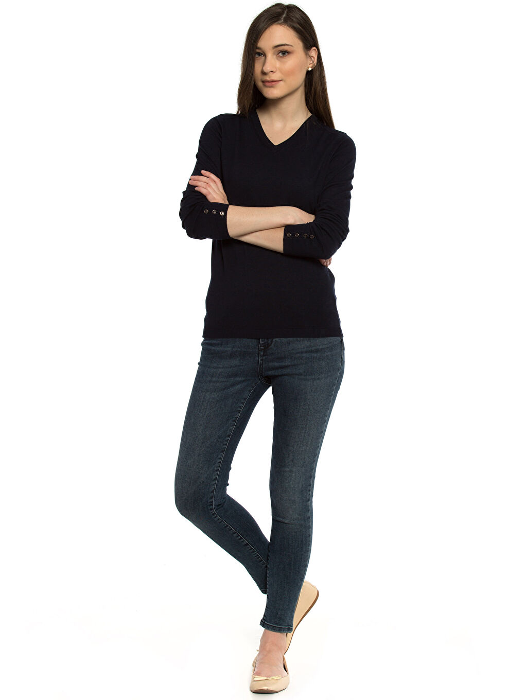 V-образно деколте Пуловер за жени с права кройка-2