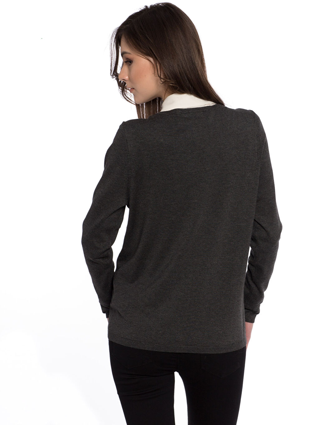 Gri V Yaka Düğme Detaylı Uzun Kollu Kadın Hırka-1