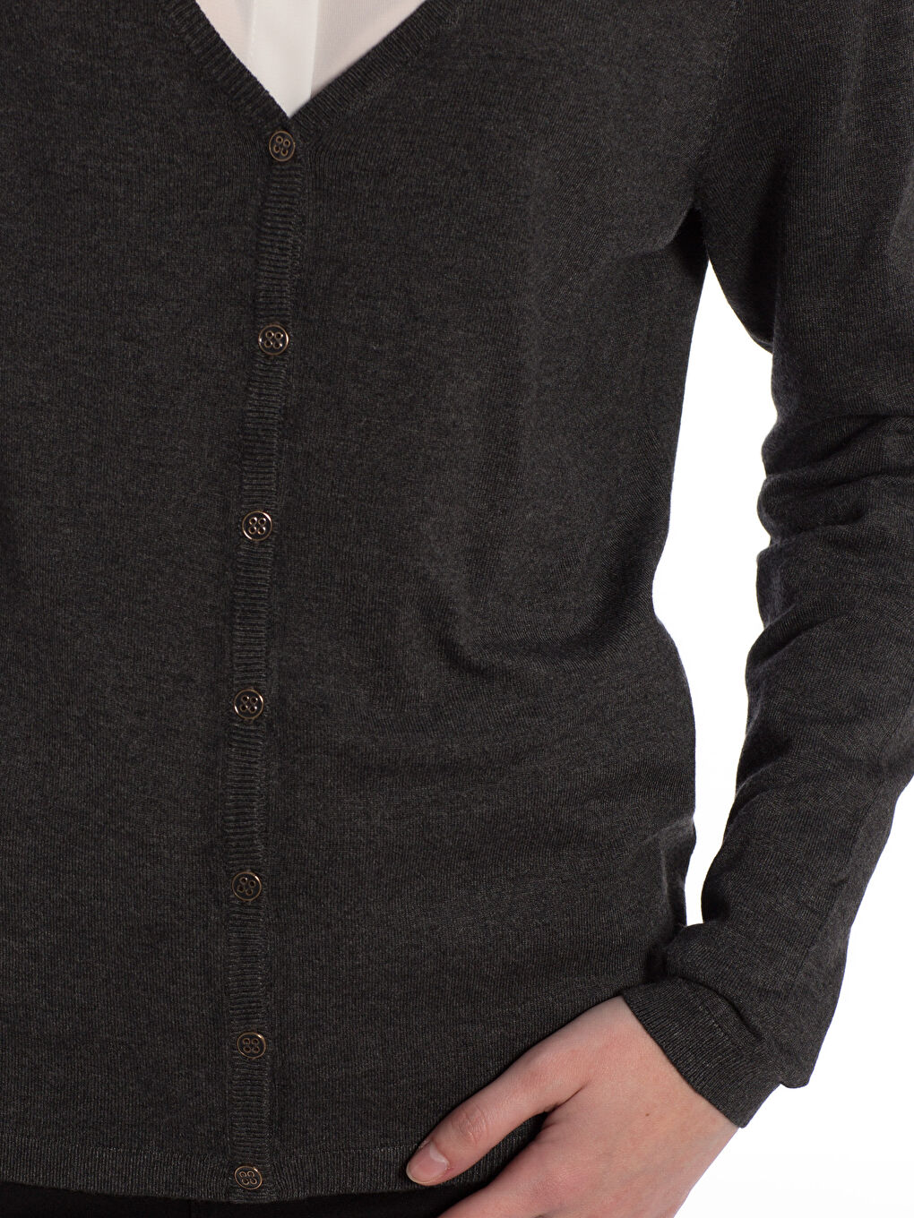 Gri V Yaka Düğme Detaylı Uzun Kollu Kadın Hırka-3