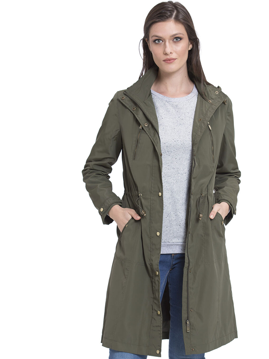 Haki Kadın Kapüşonlu Düz Mont