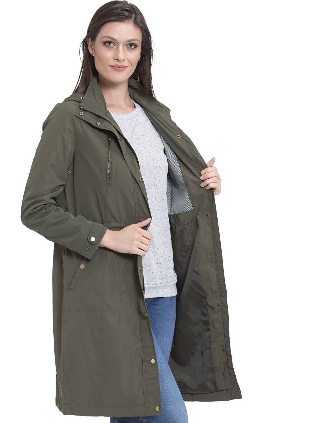Haki Kadın Kapüşonlu Düz Mont-1