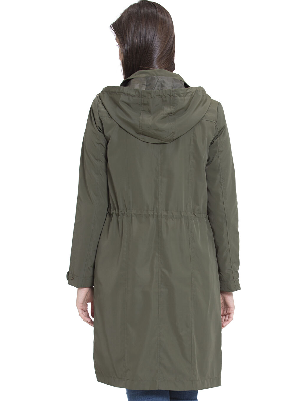 Haki Kadın Kapüşonlu Düz Mont-2