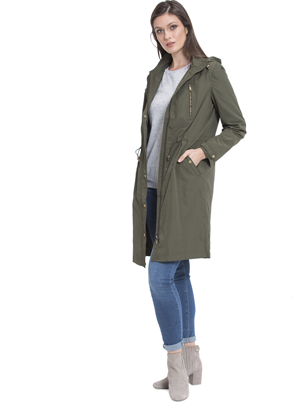 Haki Kadın Kapüşonlu Düz Mont-3