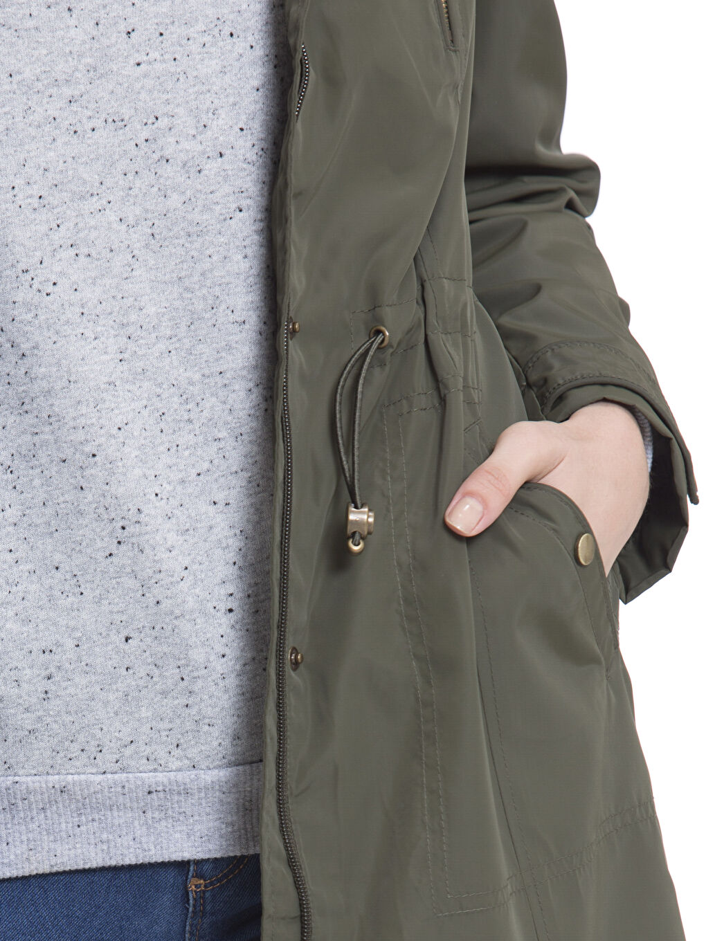 Haki Kadın Kapüşonlu Düz Mont-4