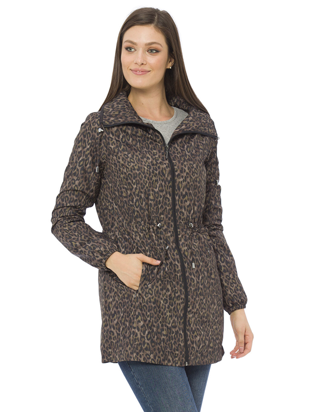 Kahverengi Kahve Baskılı Yağmurluk