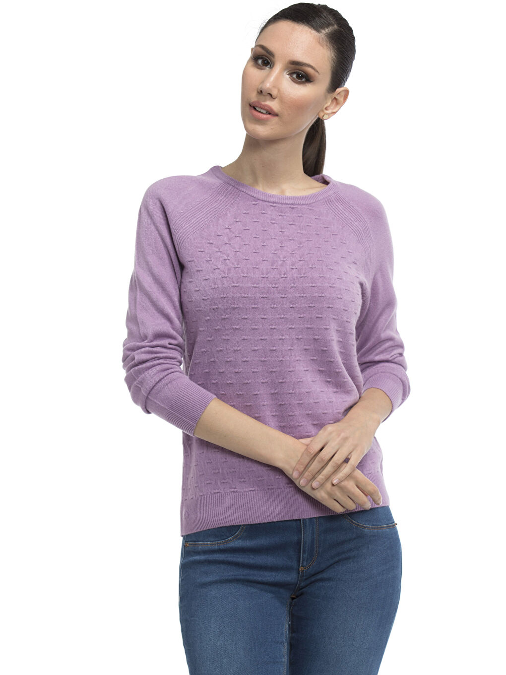 Lila Kendinden Desenli Bisiklet Yaka Kadın Triko Kazak