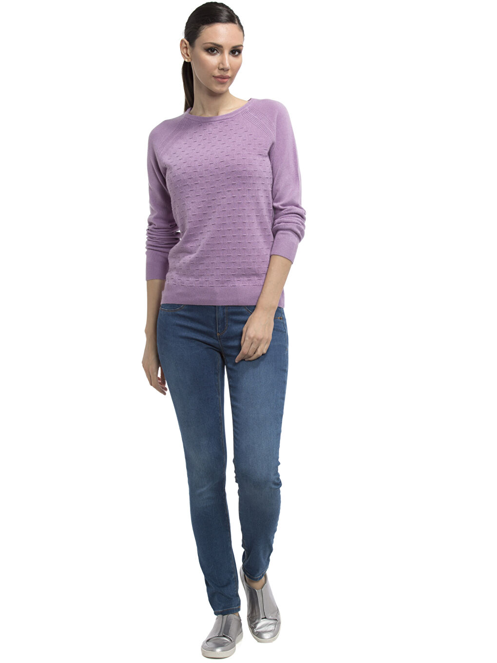 Lila Kendinden Desenli Bisiklet Yaka Kadın Triko Kazak-2