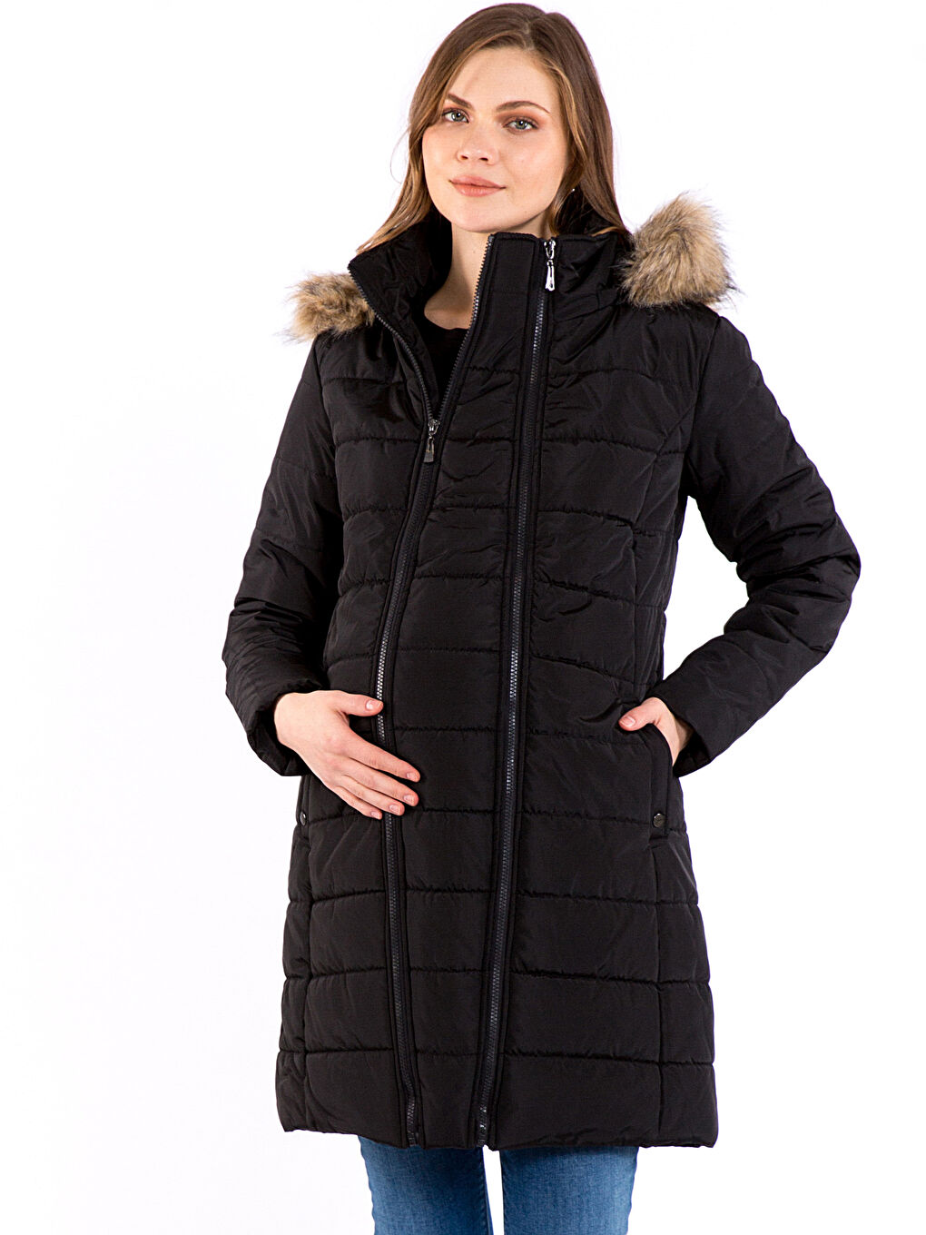 Geacă Matlasată Maternă Cu Glugă, Simplă, Mânecă Lungă