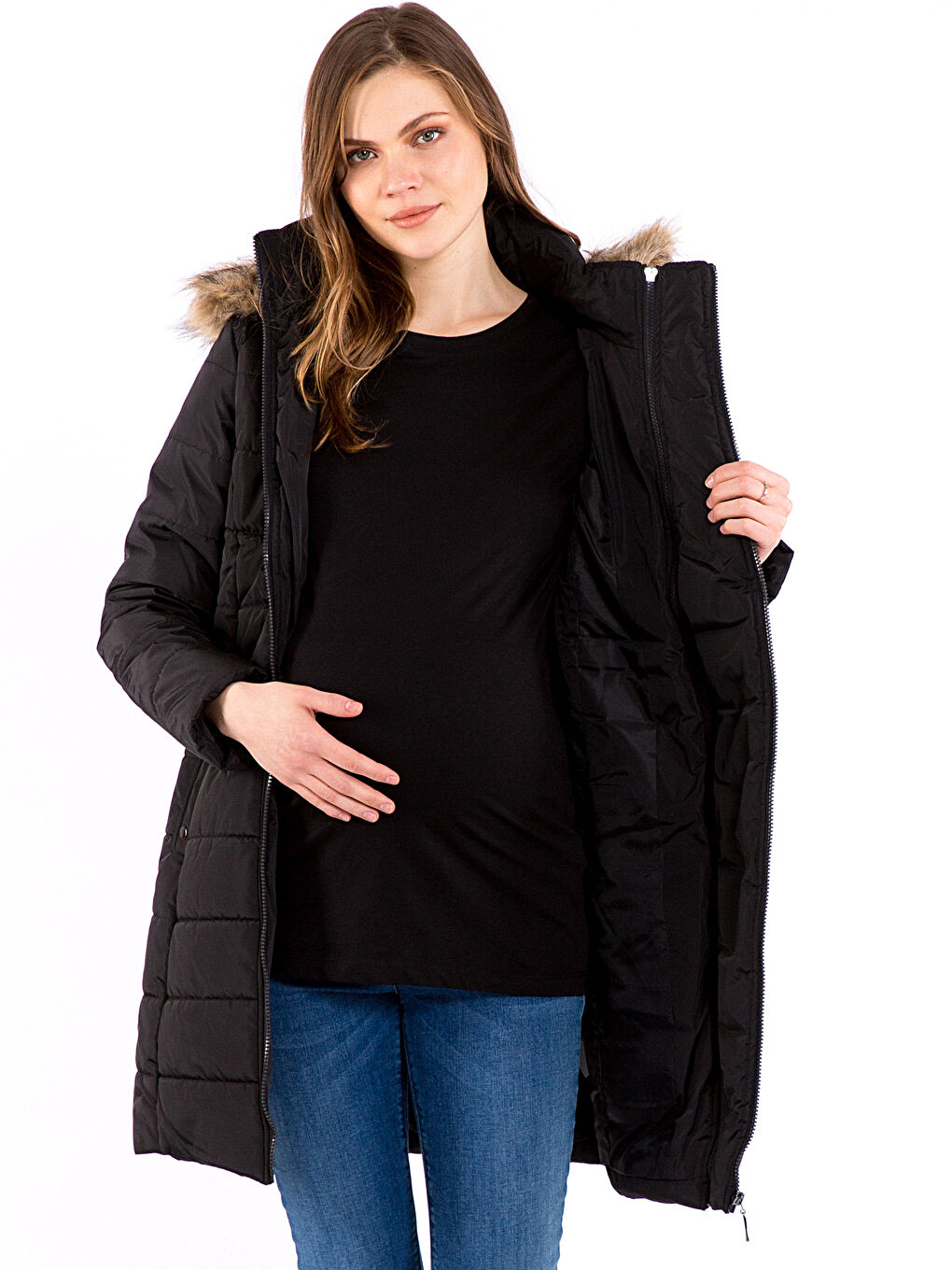 Geacă Matlasată Maternă Cu Glugă, Simplă, Mânecă Lungă-1