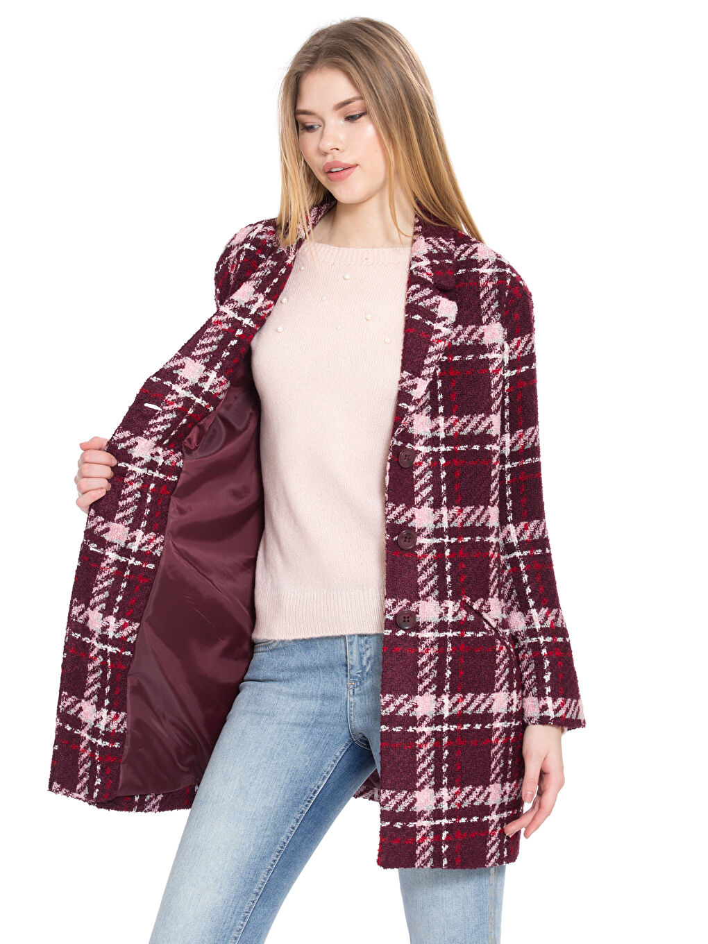 Kırmızı Ceket Yaka Desenli Uzun Kollu Kadın Kaban-1