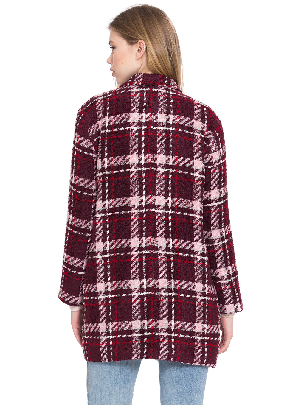 Kırmızı Ceket Yaka Desenli Uzun Kollu Kadın Kaban-2