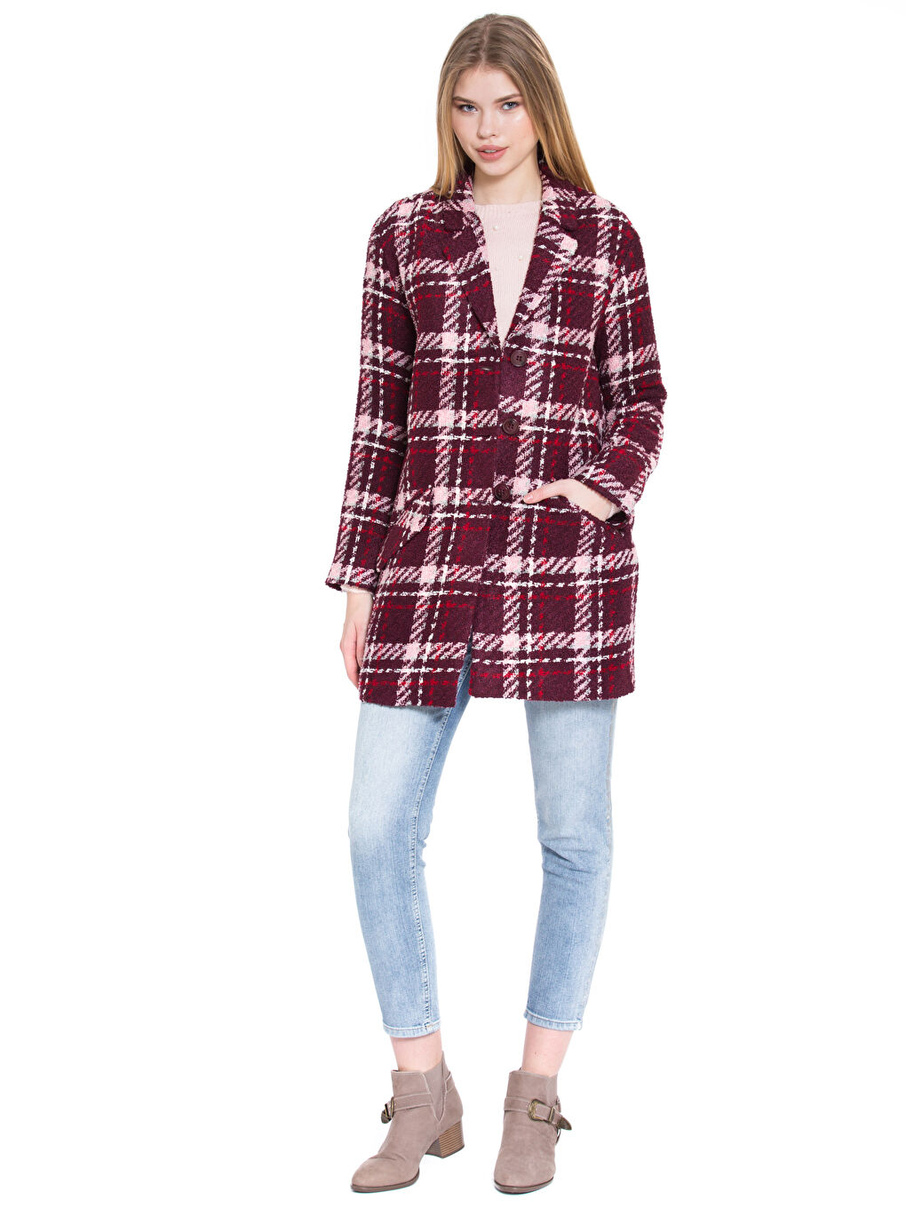 Kırmızı Ceket Yaka Desenli Uzun Kollu Kadın Kaban-3