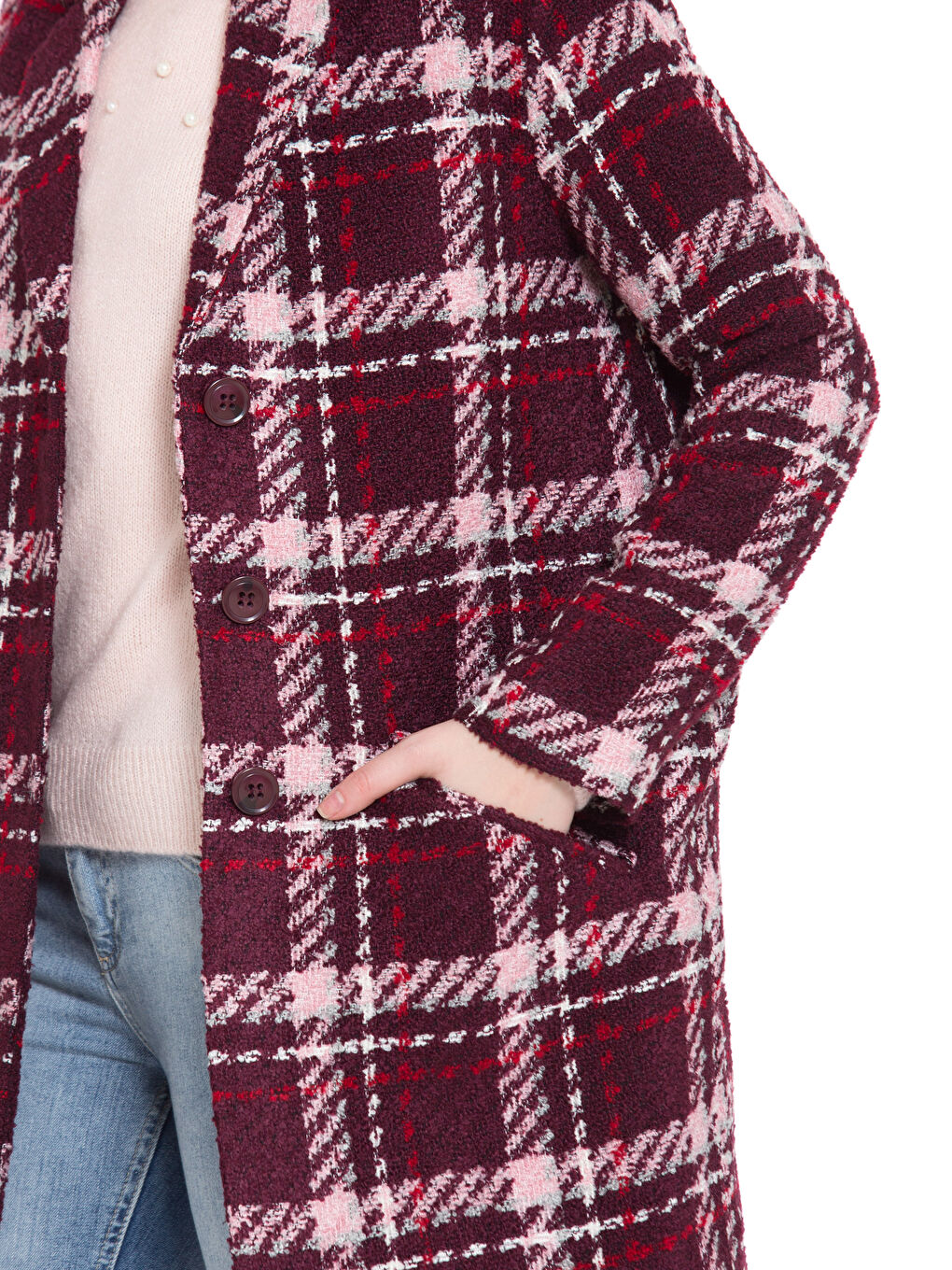 Kırmızı Ceket Yaka Desenli Uzun Kollu Kadın Kaban-4