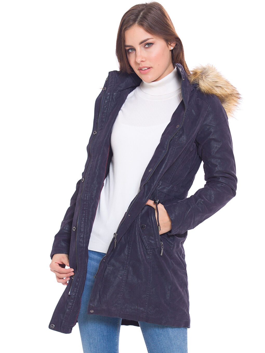 Lacivert Deri Görünümlü Mont
