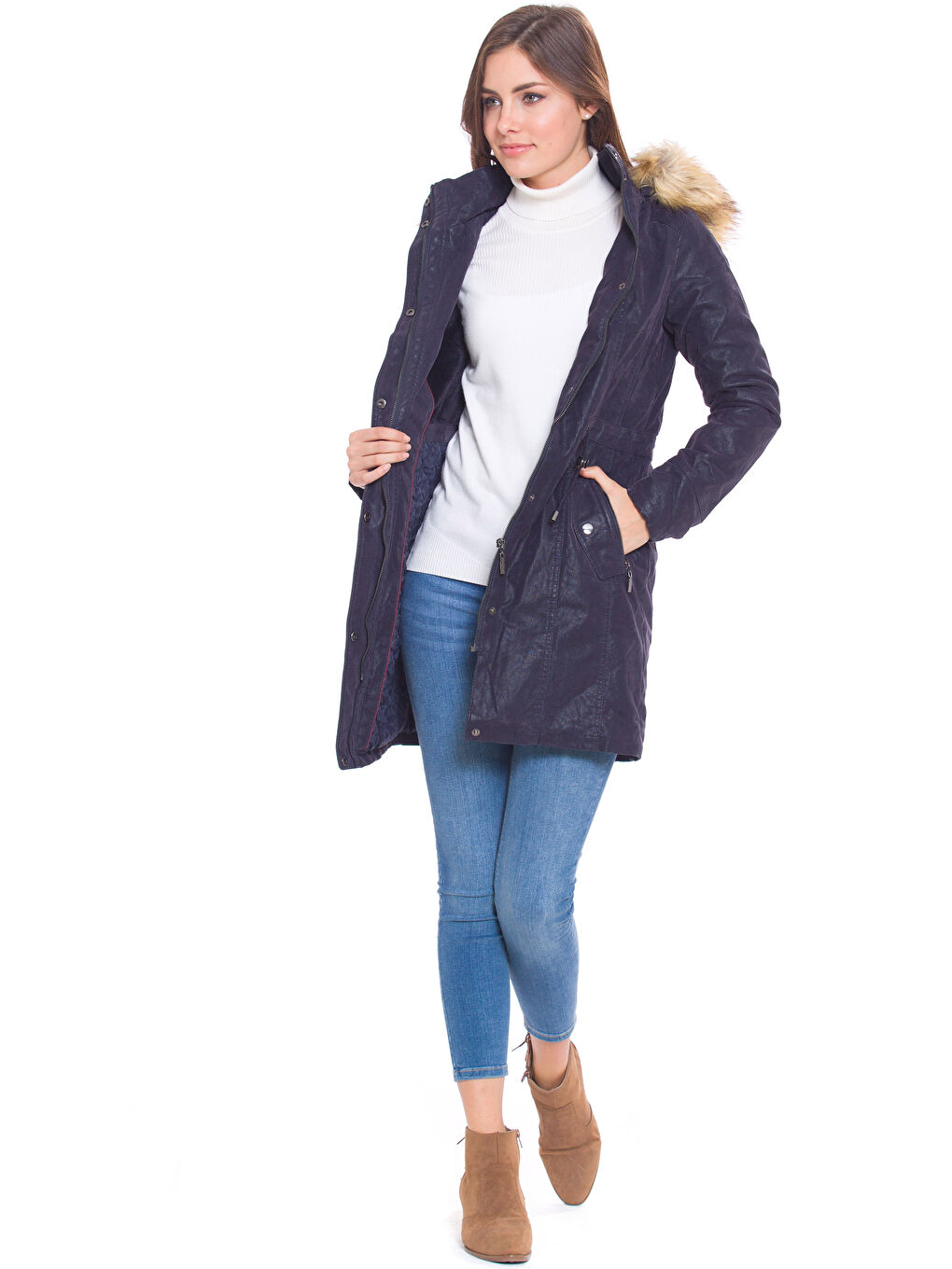 Lacivert Deri Görünümlü Mont-3