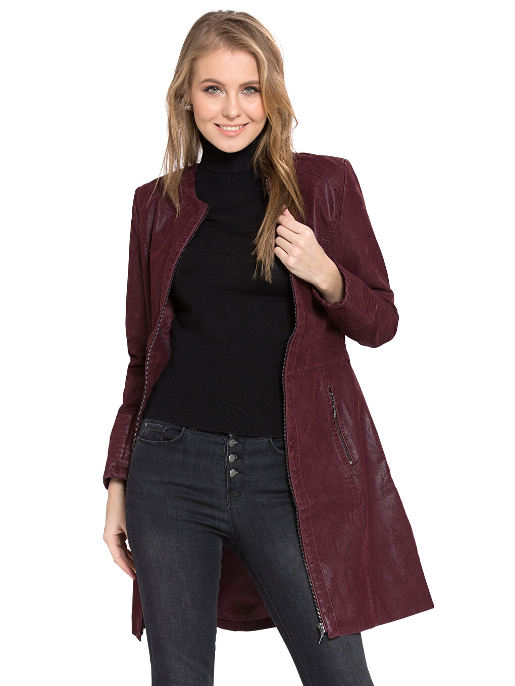 Bordo Kadın Deri Görünümlü Mont