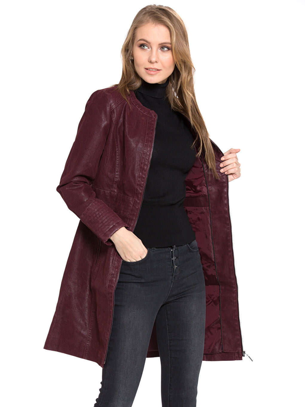 Bordo Kadın Deri Görünümlü Mont-1