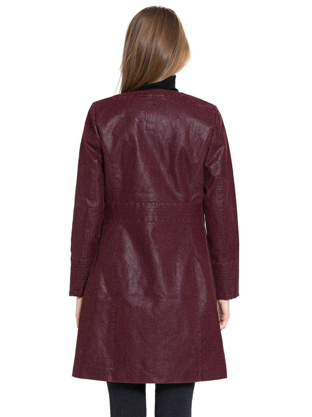 Bordo Kadın Deri Görünümlü Mont-2