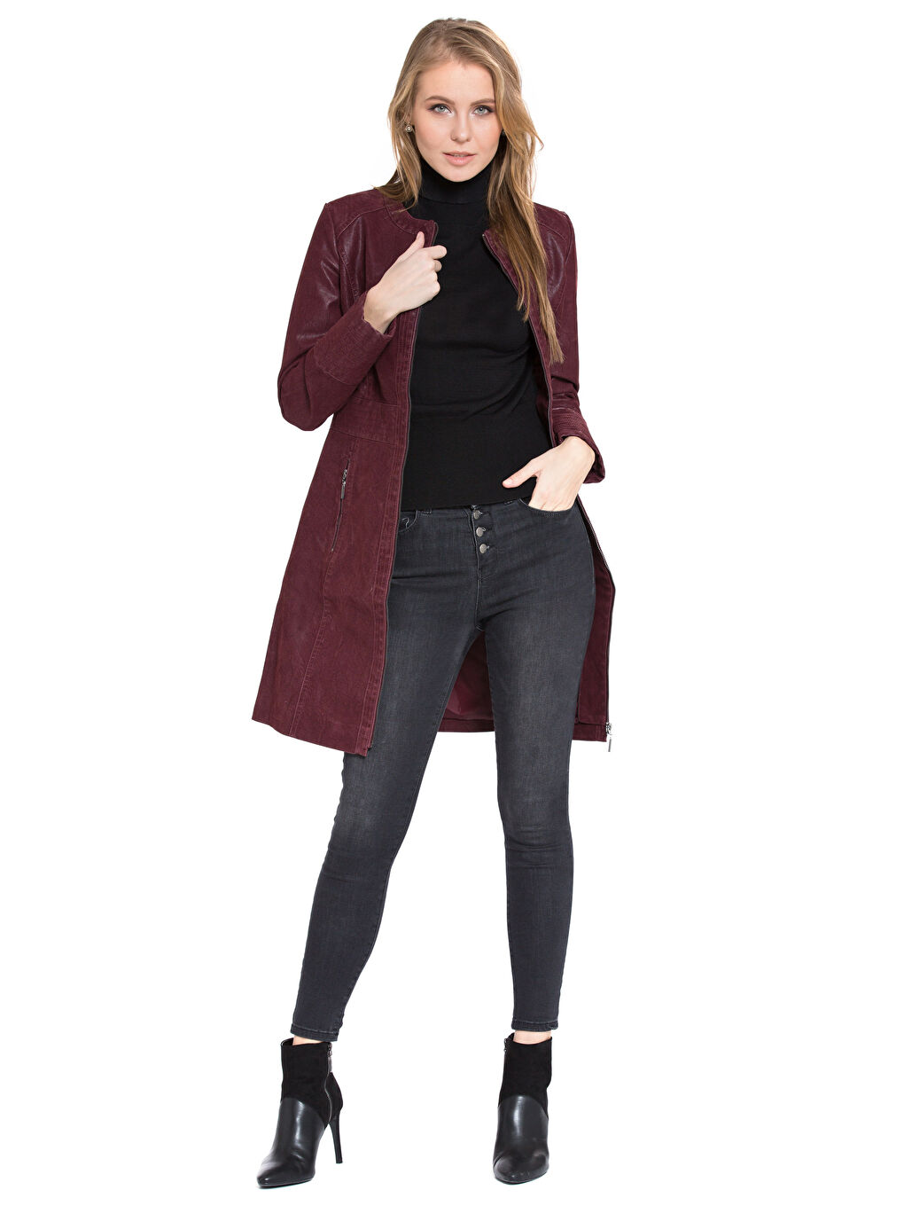 Bordo Kadın Deri Görünümlü Mont-3