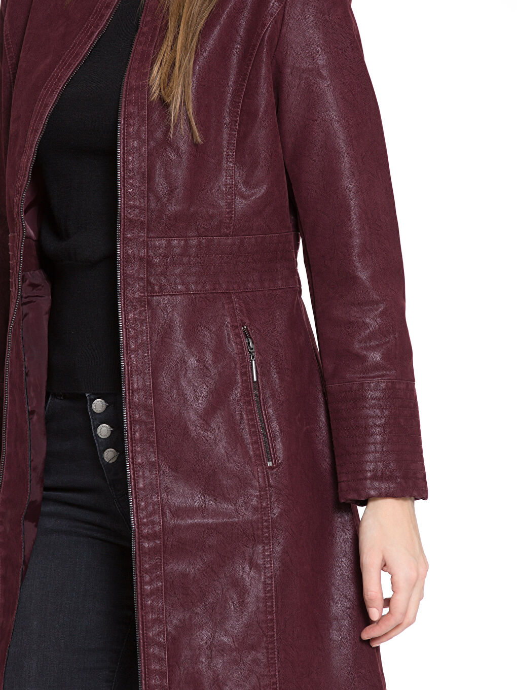 Bordo Kadın Deri Görünümlü Mont-4