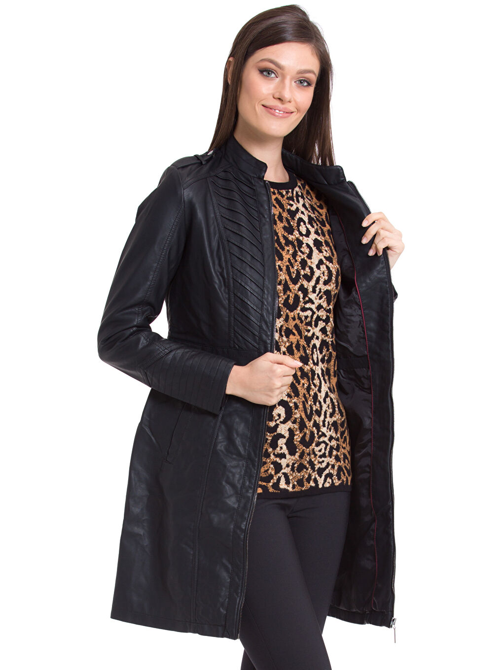 Siyah Deri Görünümlü Mont-1