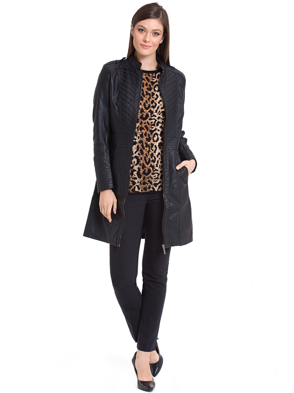 Siyah Deri Görünümlü Mont-3