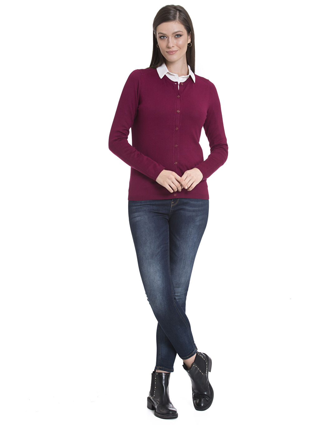 Mürdüm V Yaka Kadın Düğmeli Triko Hırka-2