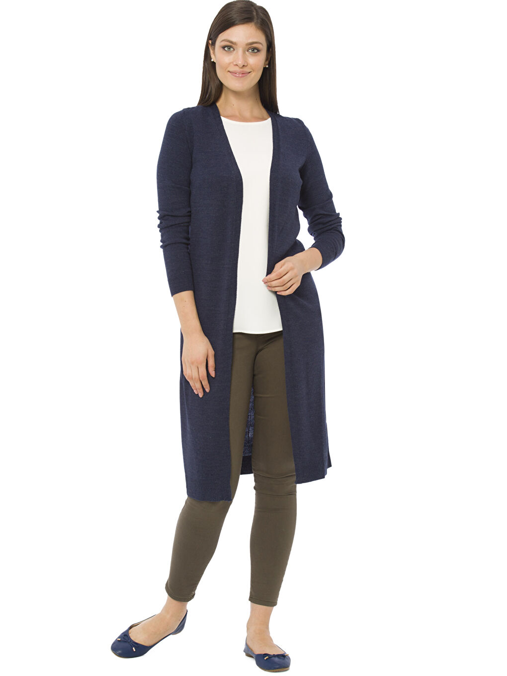 İndigo Regular Fit Önü Açık Uzun Kadın Triko Hırka