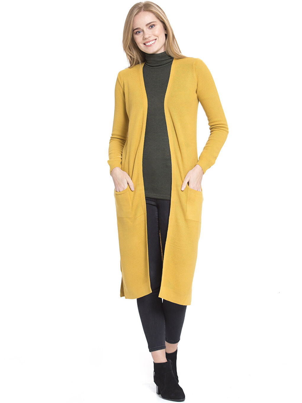 Sarı Regular Fit Uzun Cepli Kadın Triko Hırka