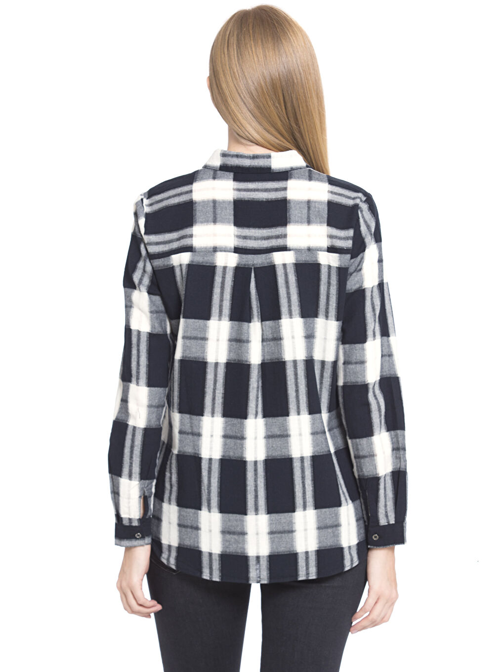 Lacivert Uzun Kollu Poplin Kadın Ekose Gömlek-1