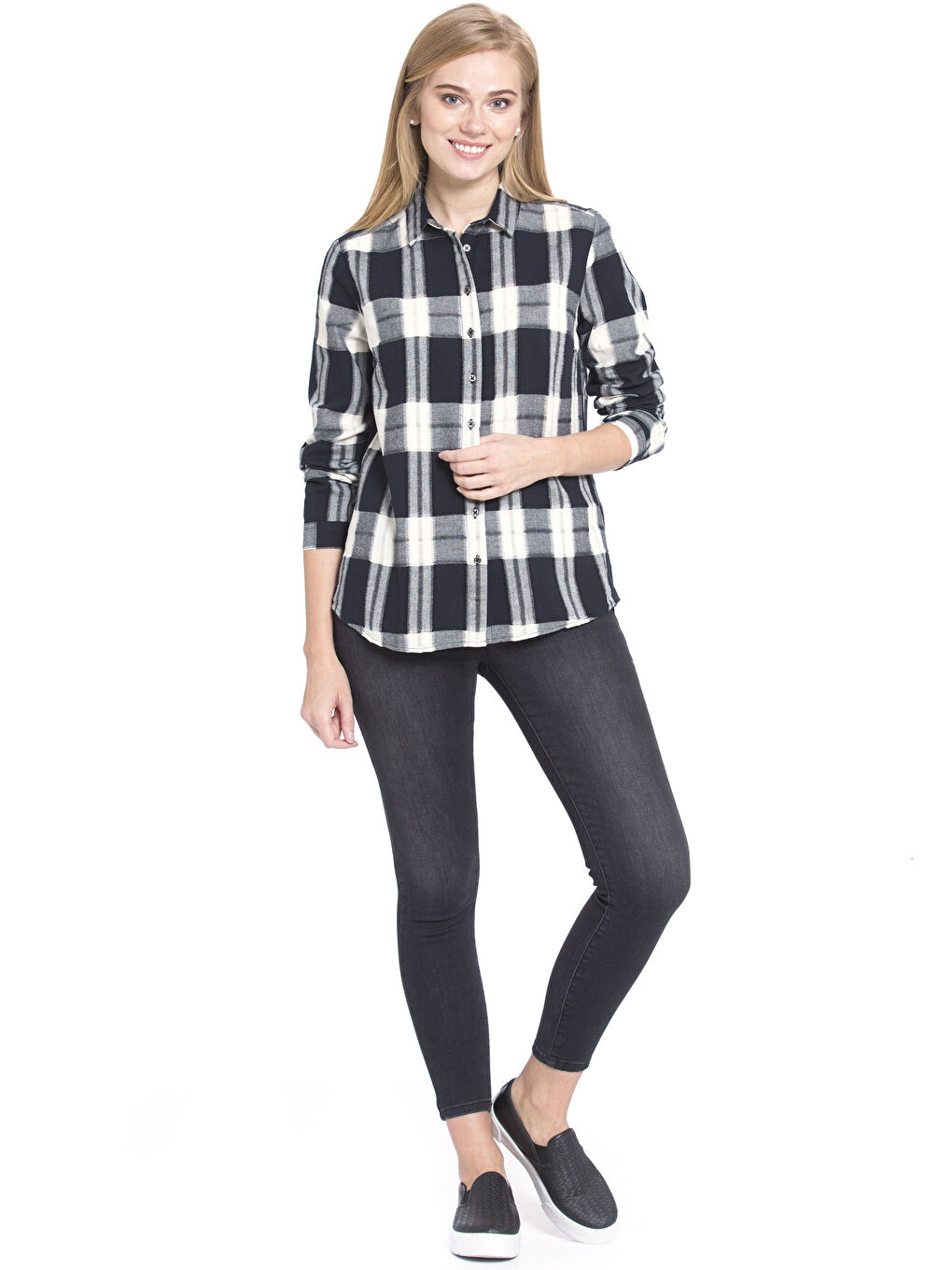 Lacivert Uzun Kollu Poplin Kadın Ekose Gömlek-2