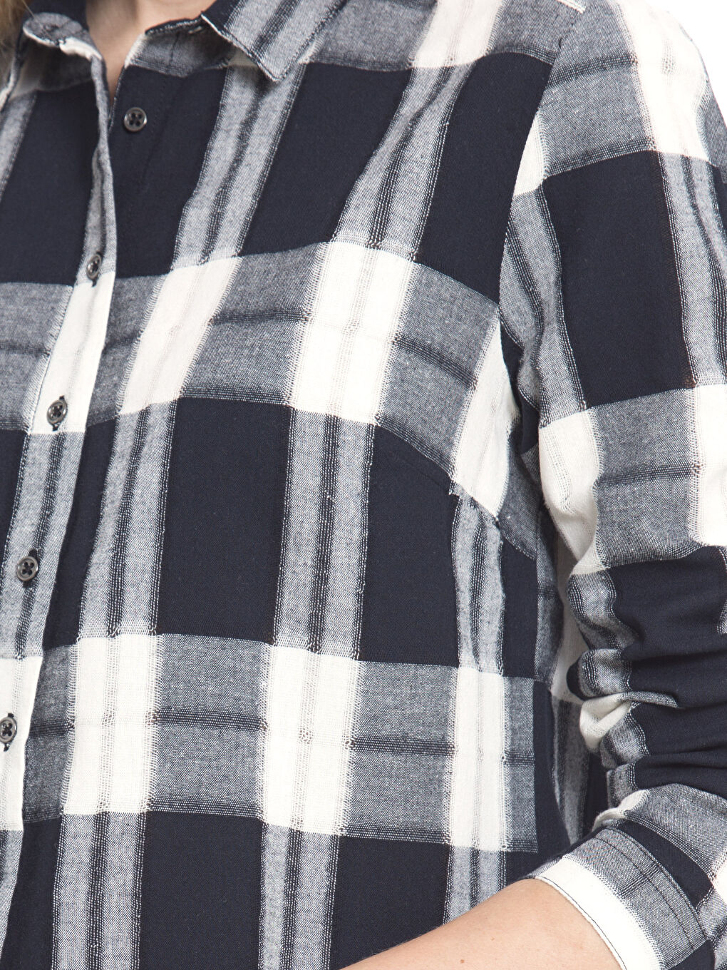 Lacivert Uzun Kollu Poplin Kadın Ekose Gömlek-3