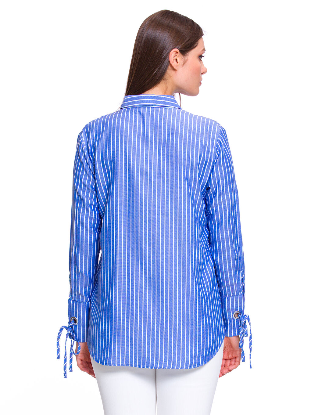 Beyaz Gömlek Yaka Çizgili Uzun Kollu Kadın Poplin Gömlek-1