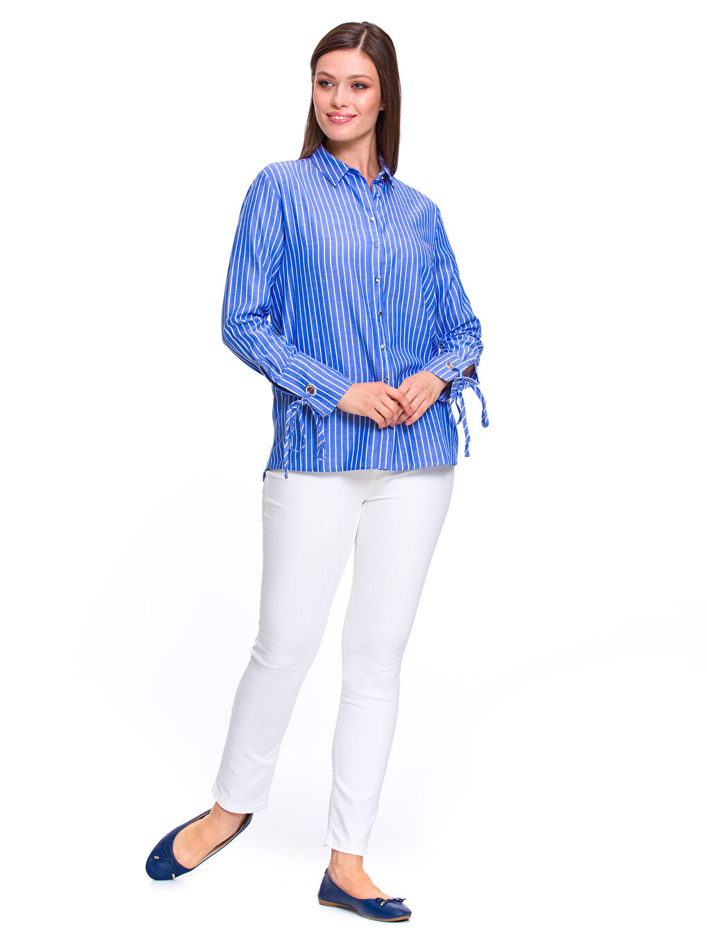 Beyaz Gömlek Yaka Çizgili Uzun Kollu Kadın Poplin Gömlek-2