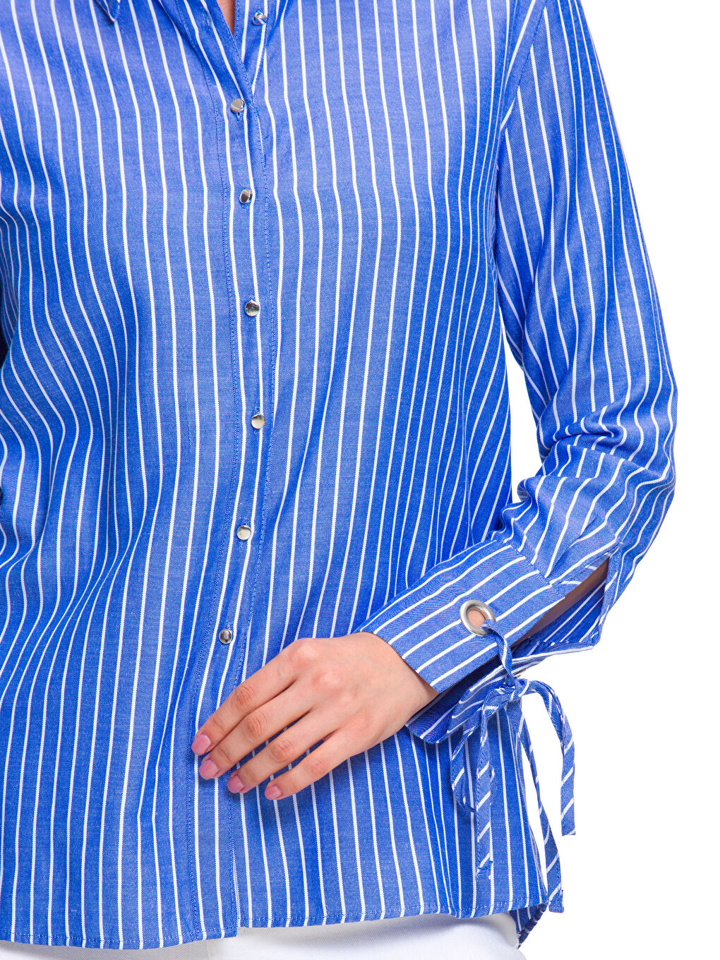 Beyaz Gömlek Yaka Çizgili Uzun Kollu Kadın Poplin Gömlek-3