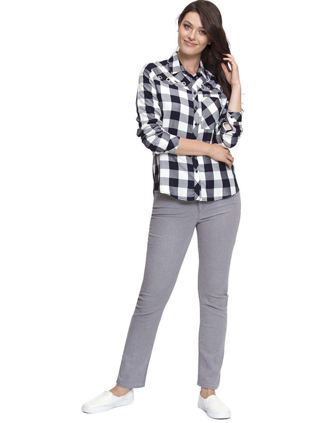 Chemise Femme Viscose à Carreaux Col de Chemise Manches Longues-2