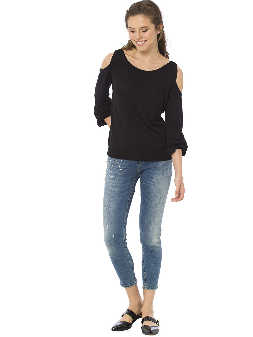 سترة تريكو بياقة على شكل حرف U كم طويل عادي للسيدات-2