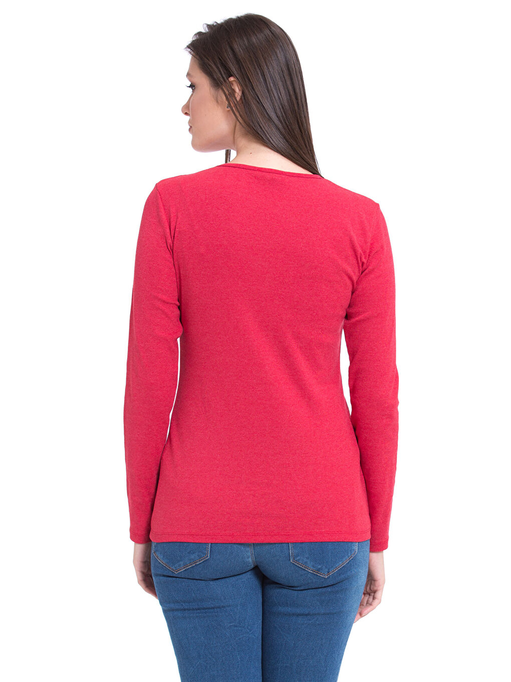 Kırmızı Bisiklet Yaka Standart Fit Uzun Kollu Kadın Bisiklet Yaka Tişört-1