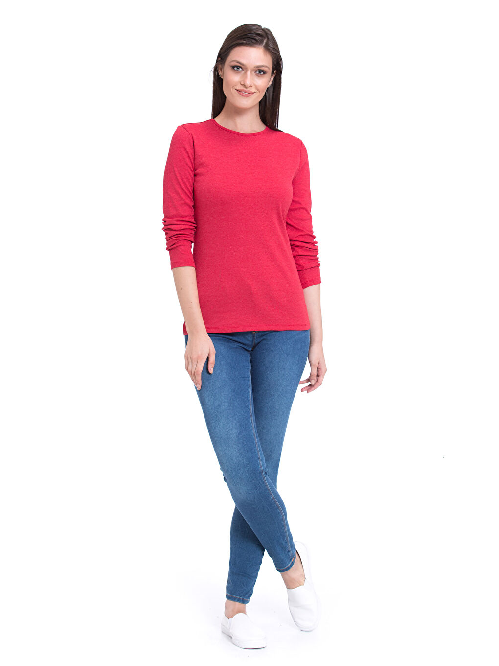 Kırmızı Bisiklet Yaka Standart Fit Uzun Kollu Kadın Bisiklet Yaka Tişört-2