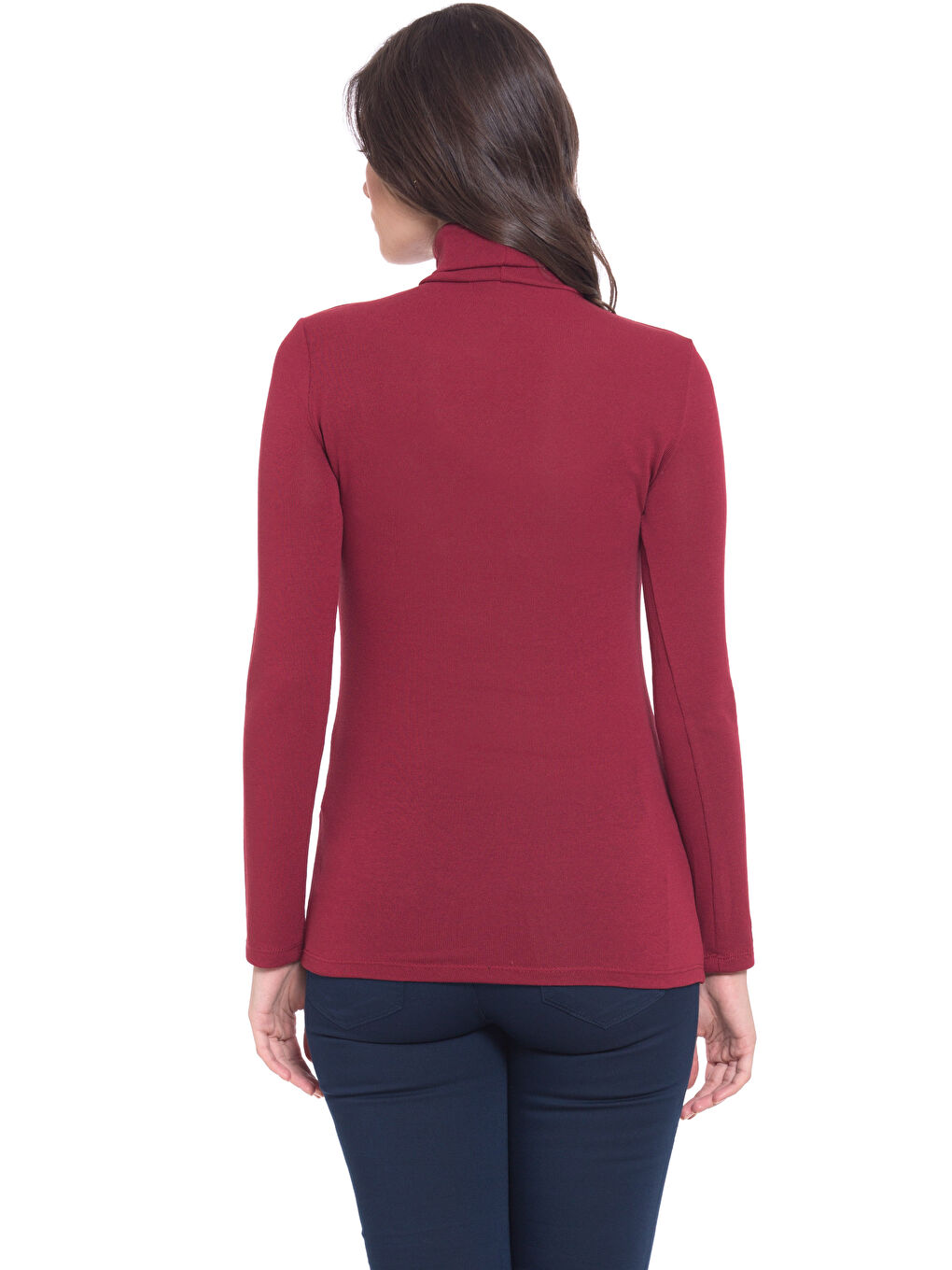 Bordo Dik Yaka Düz Uzun Kollu Kadın Tişört-1