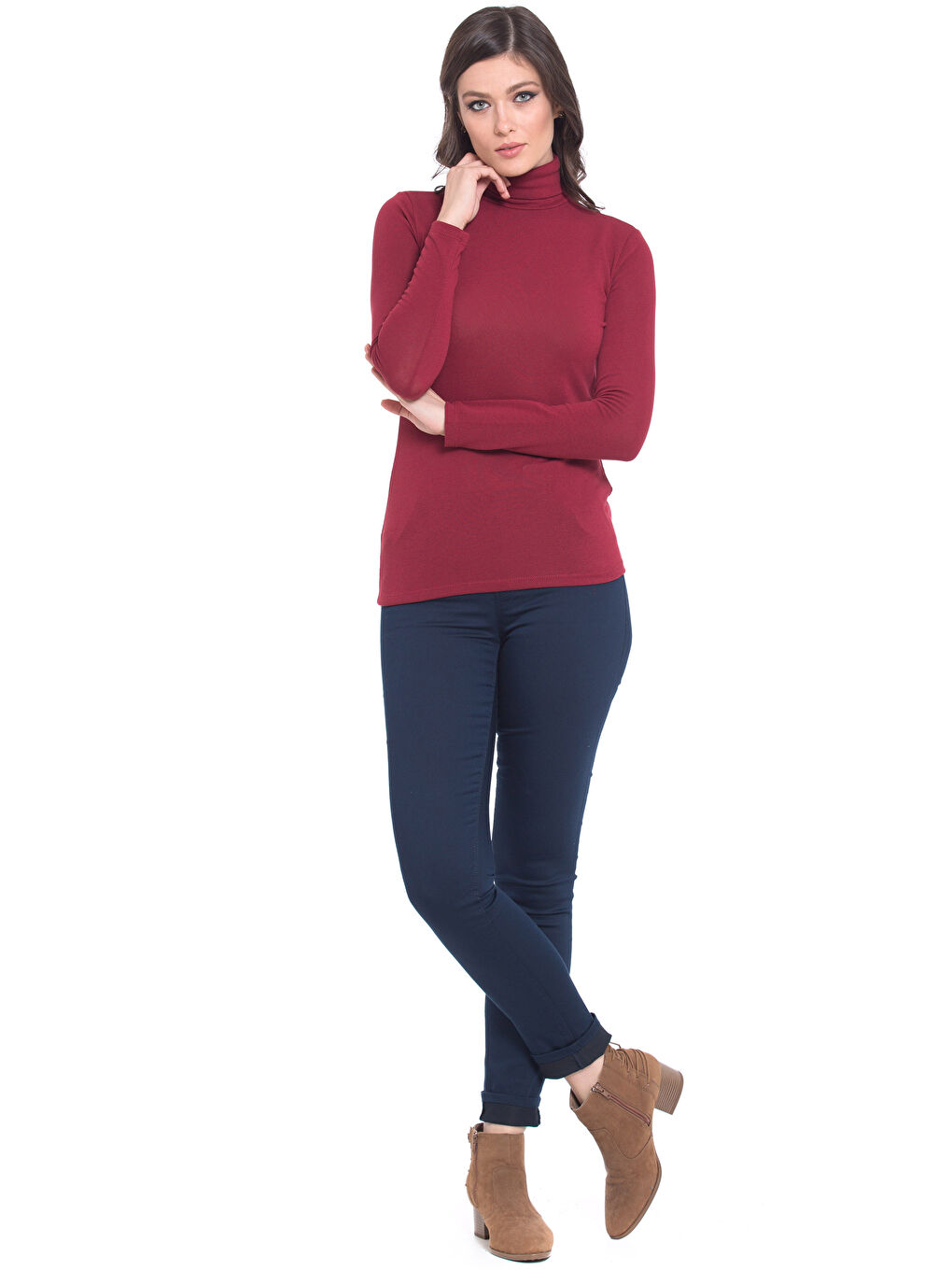 Bordo Dik Yaka Düz Uzun Kollu Kadın Tişört-2